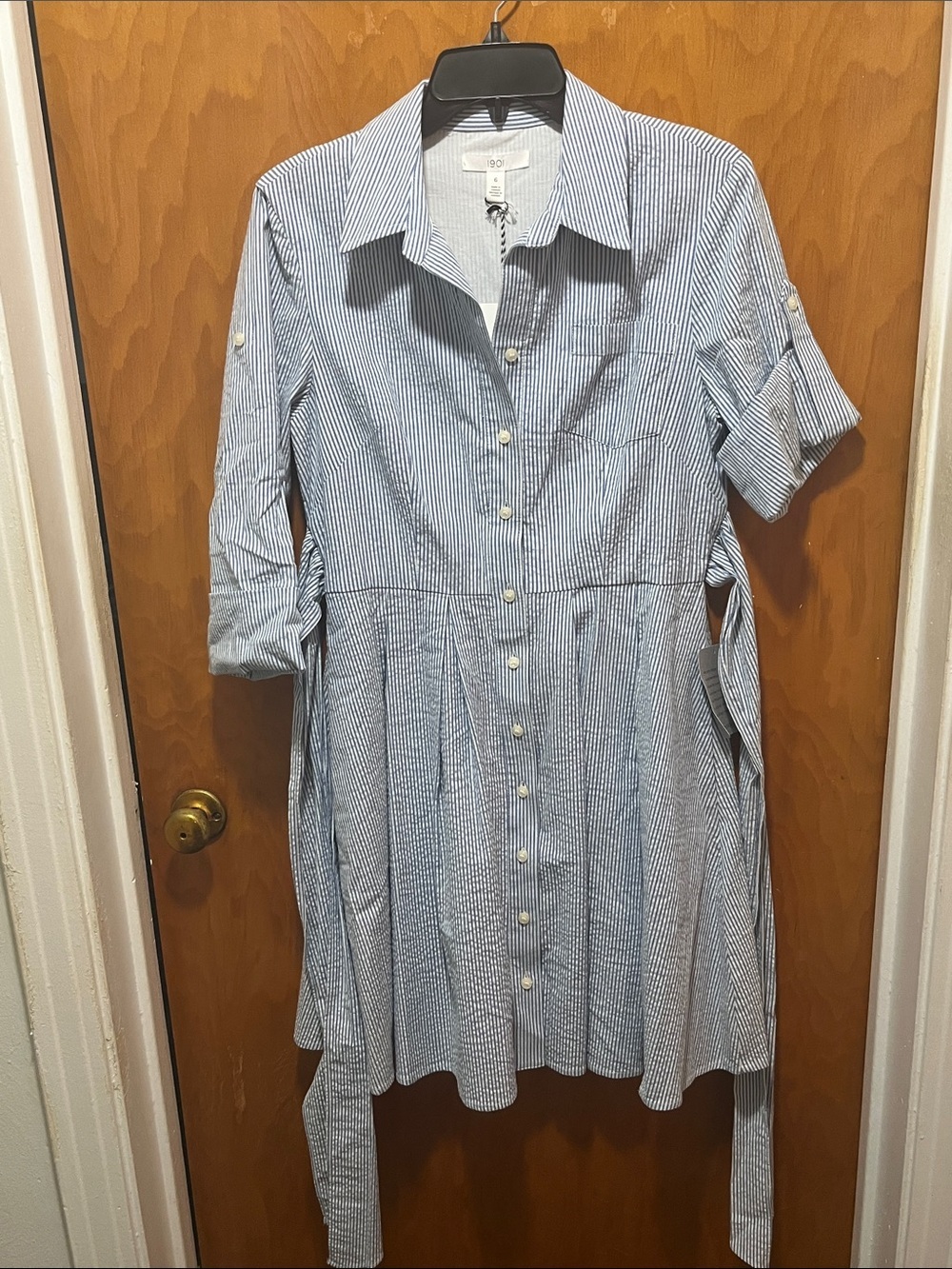 1901 Blue and White Pinstripe Midi Shirt Dress with Tie
